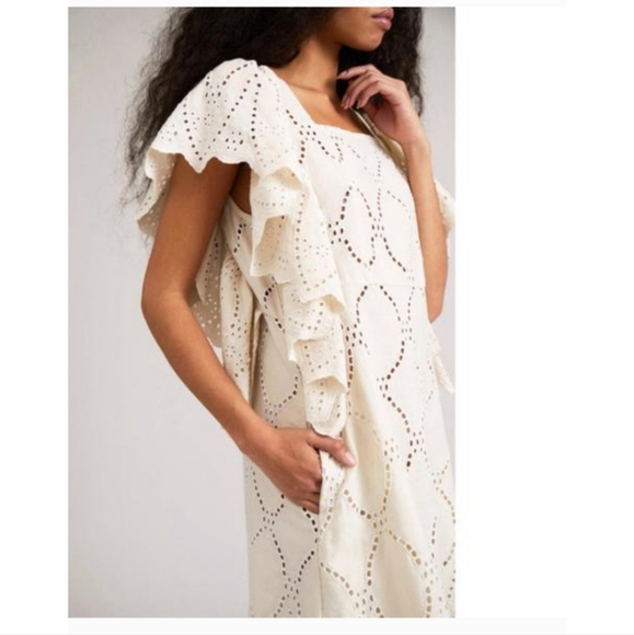 MUNTHE Hico Ruffle Sleeve Eyelet Embroidered Cream Shift Mini Dress Sz 36 - Picture 3 of 11